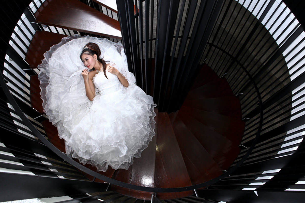 bride on spiral staircase